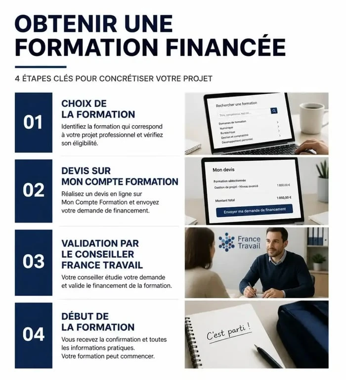 Schéma des étapes pour obtenir une formation anglais par France Travail