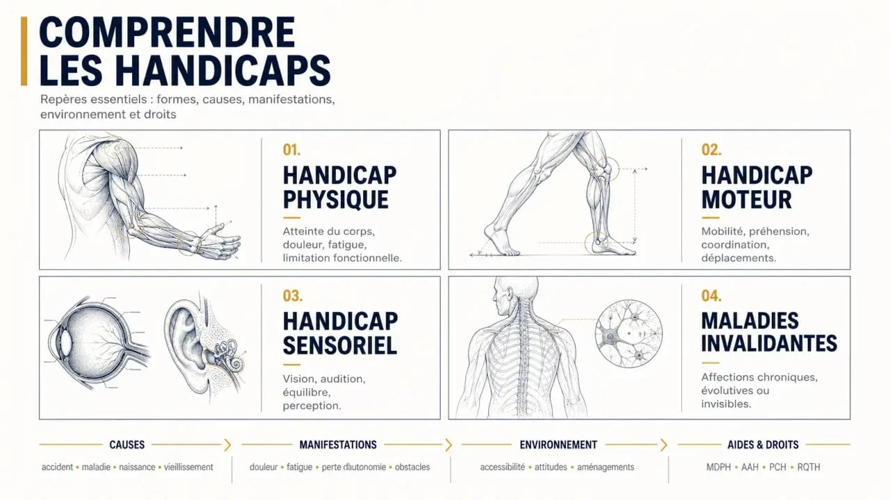 Le handicap physique expliqué en visuel comparatif avec le handicap moteur, le handicap sensoriel et les maladies invalidantes