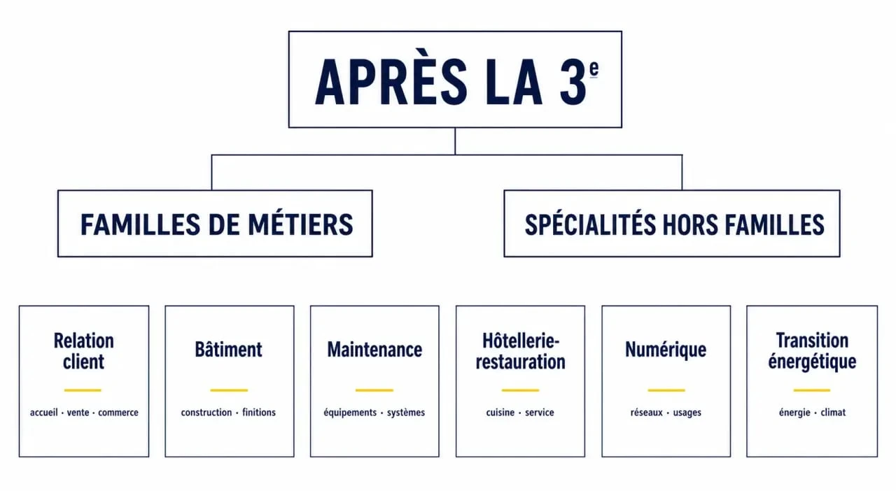Liste des bac pro : schéma des familles de métiers et des spécialités après la 3e