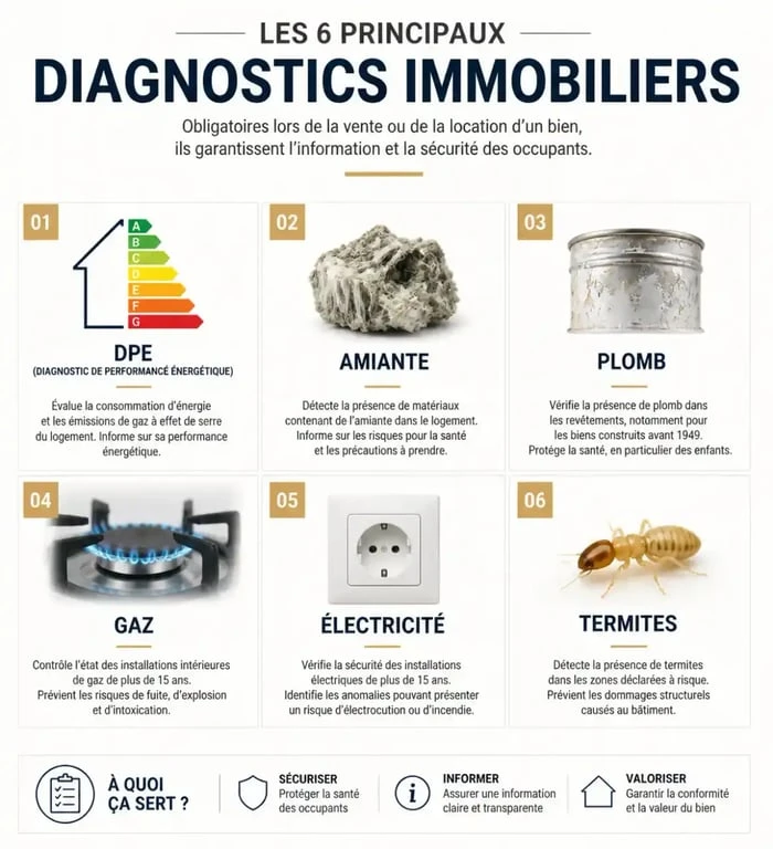 Infographie des différents diagnostics immobiliers pour la formation de diagnostiqueur immobilier