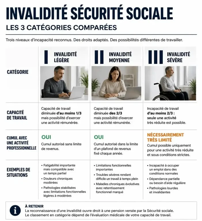 Tableau comparatif des catégories d'invalidité 1, 2 et 3 et leur impact sur le travail