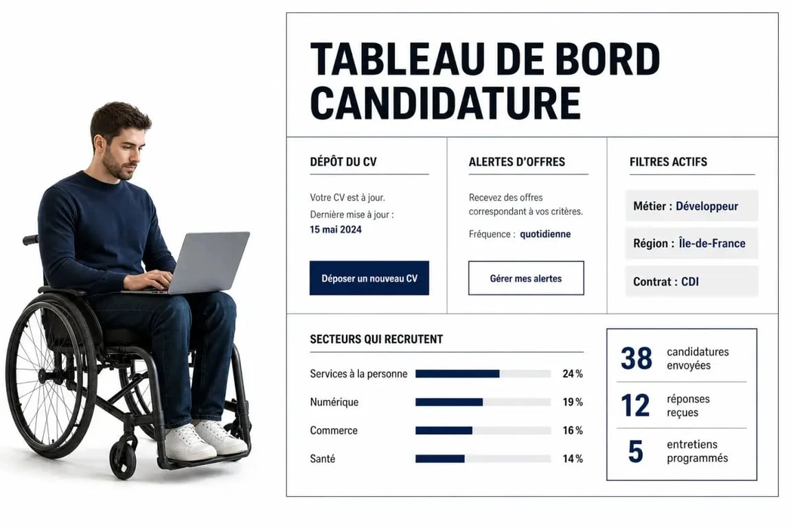 Handi CV : tableau de bord de recherche d’emploi handicap avec filtres métiers, régions et chiffres clés