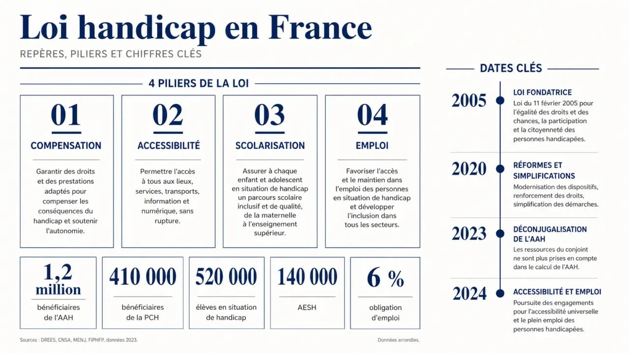 Loi sur le handicap : synthèse visuelle des droits, dispositifs et dates clés