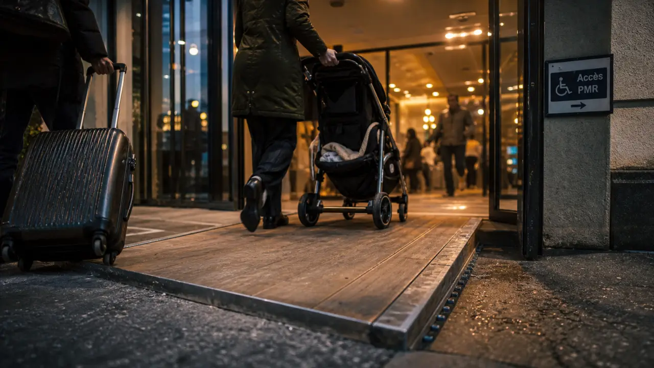 Personnes à mobilité réduite : rampe d’accès vers entrée “Accès PMR”