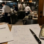 Reconversion professionnelle cuisine : CAP Cuisine en stage, plan de travail inox et couteau