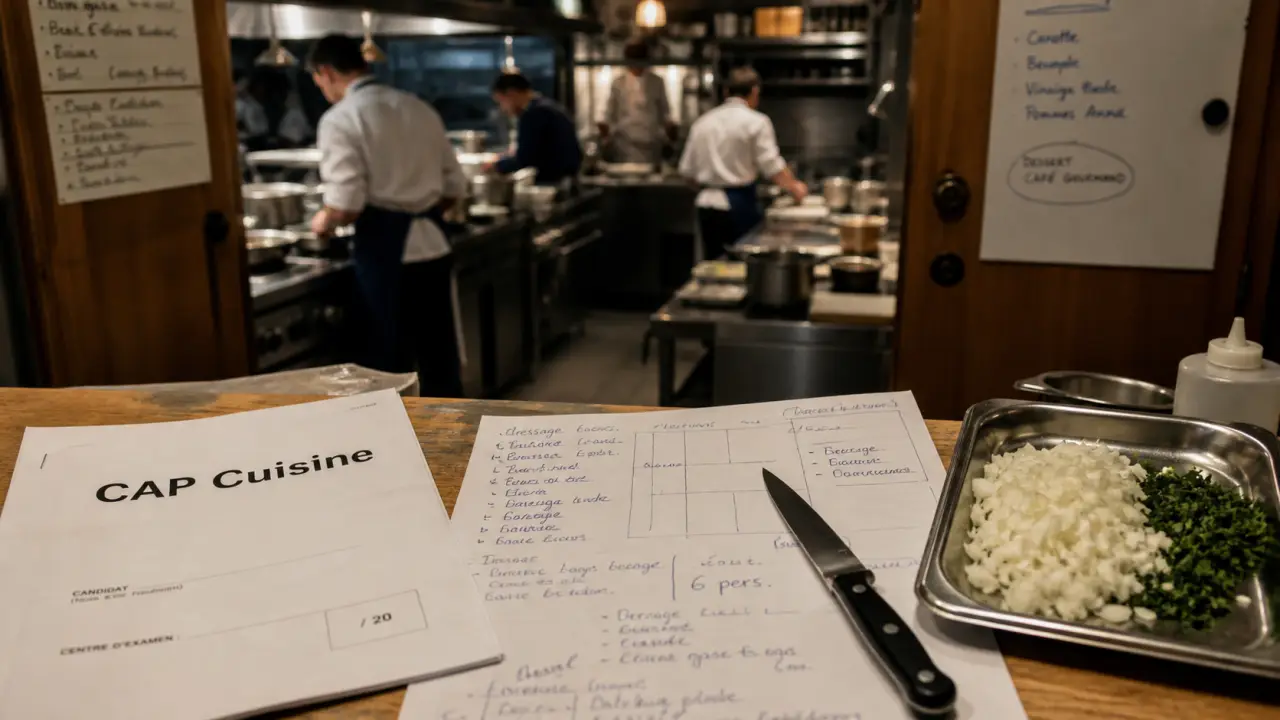 Reconversion professionnelle cuisine : CAP Cuisine en stage, plan de travail inox et couteau