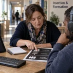 Centre de formation professionnelle pour malvoyants Paul et Liliane Guinot : formatrice et stagiaire, aides braille et lecteur d’écran
