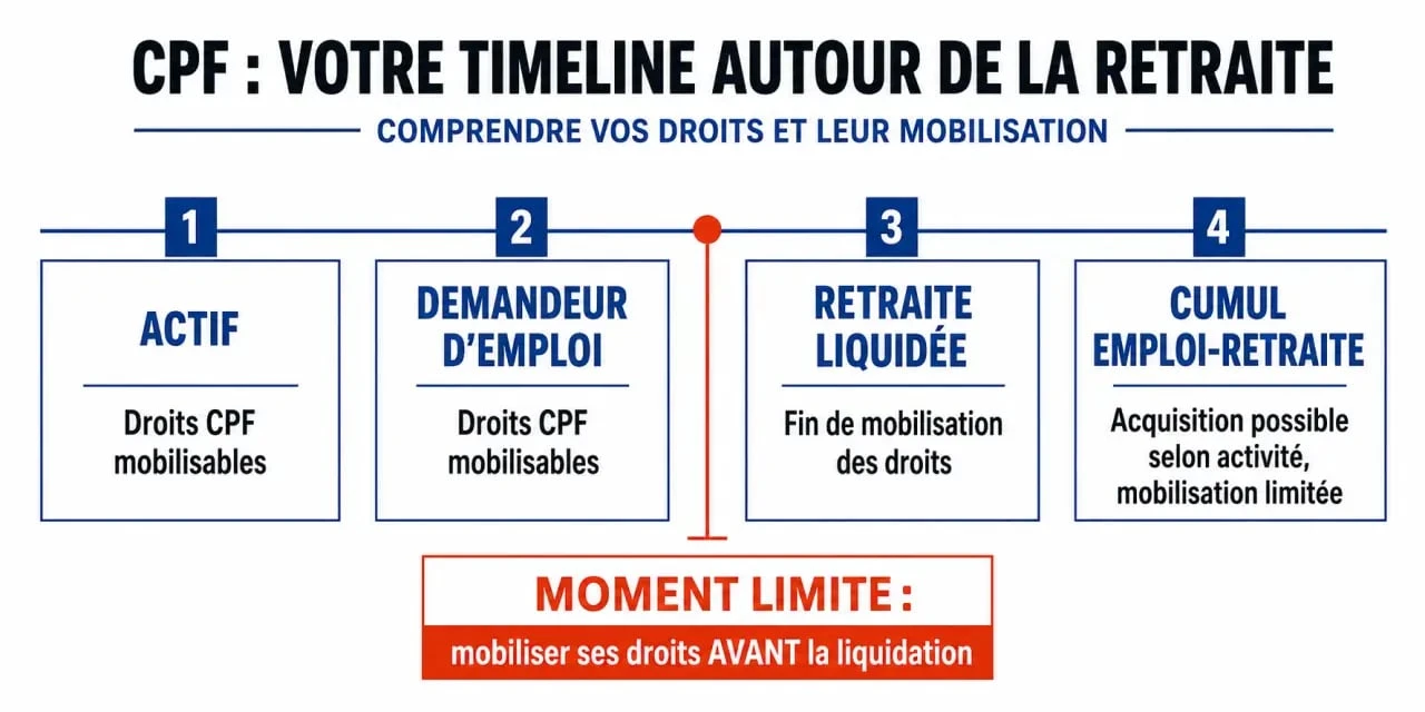 Compte formation et retraite : calendrier visuel des droits CPF avant et après la liquidation