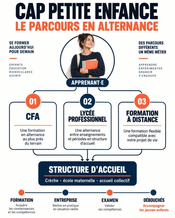 Infographie du parcours CAP petite enfance alternance entre formation, entreprise et examen