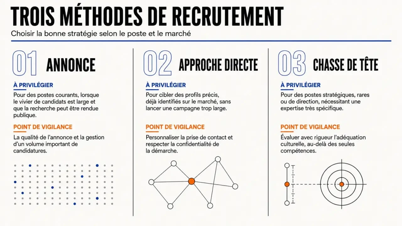 Conseil recrutement : comparaison visuelle entre annonce, approche directe et chasse de tête
