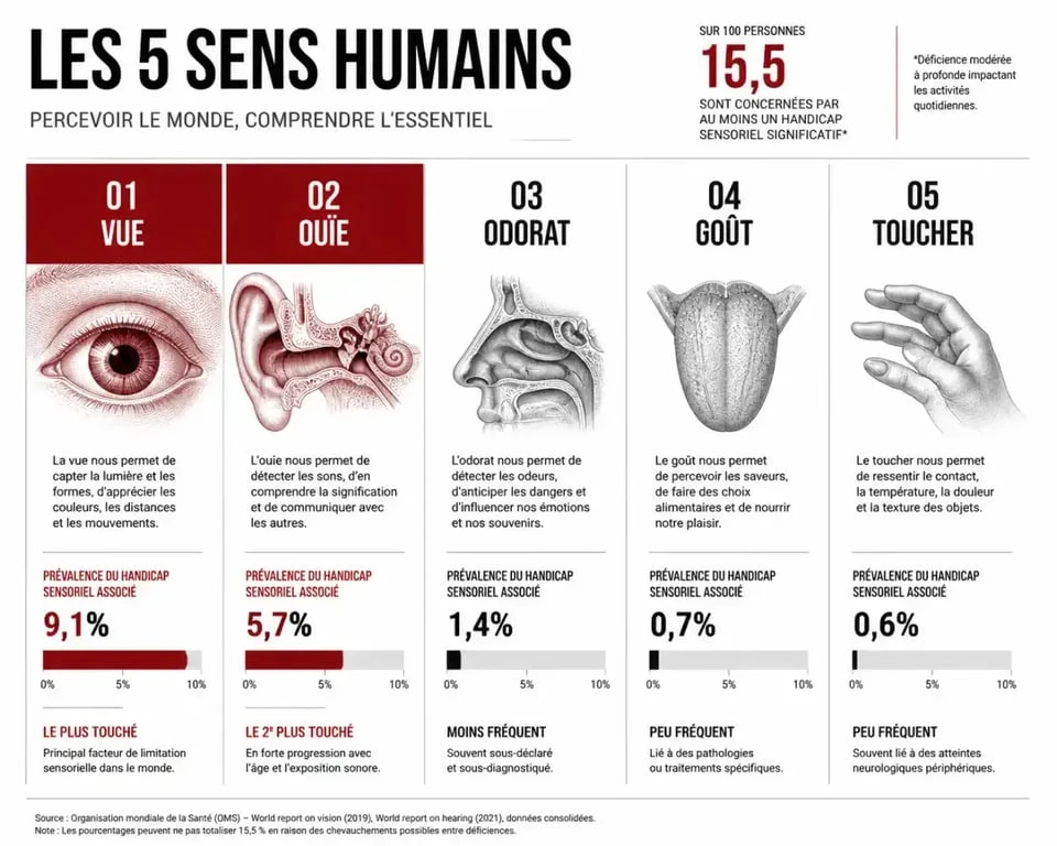Schéma des cinq sens concernés par le handicap sensoriel et leurs formes principales