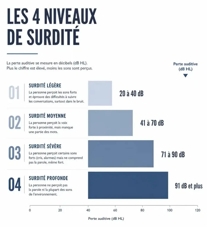Infographie des quatre niveaux de handicap sensoriel auditif, de la surdité légère à profonde