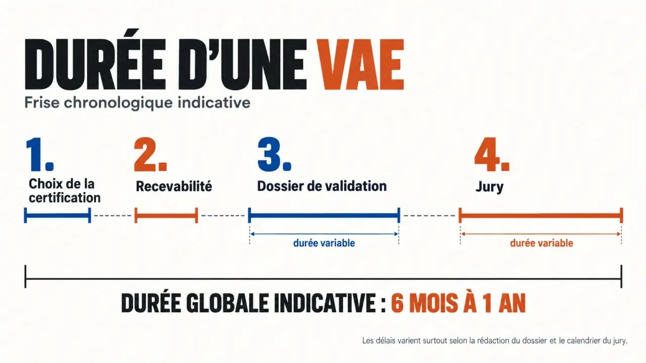 Infographie sur combien de temps dure une VAE, de la recevabilité au passage devant le jury