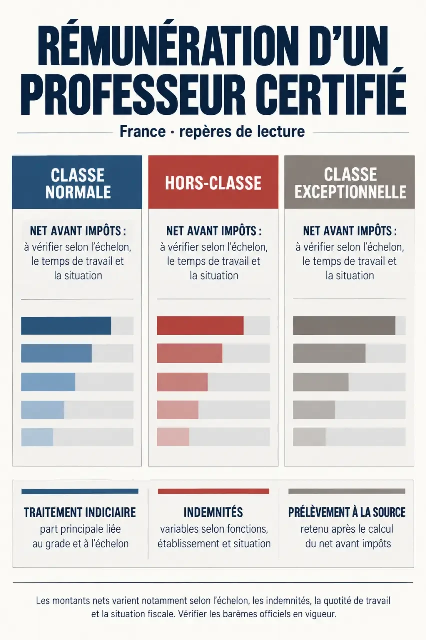 Infographie de la grille salaire net prof certifié selon le grade