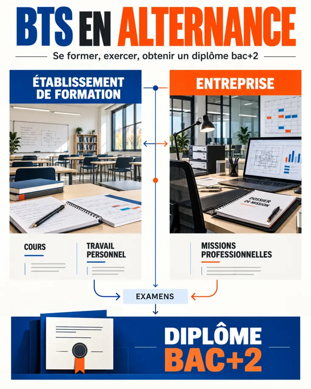 Infographie sur le BTS en alternance entre établissement de formation et entreprise