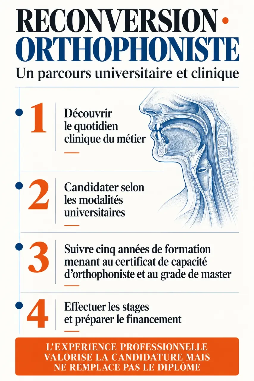 Infographie sur les étapes d'une reconversion orthophoniste et les cinq années de formation